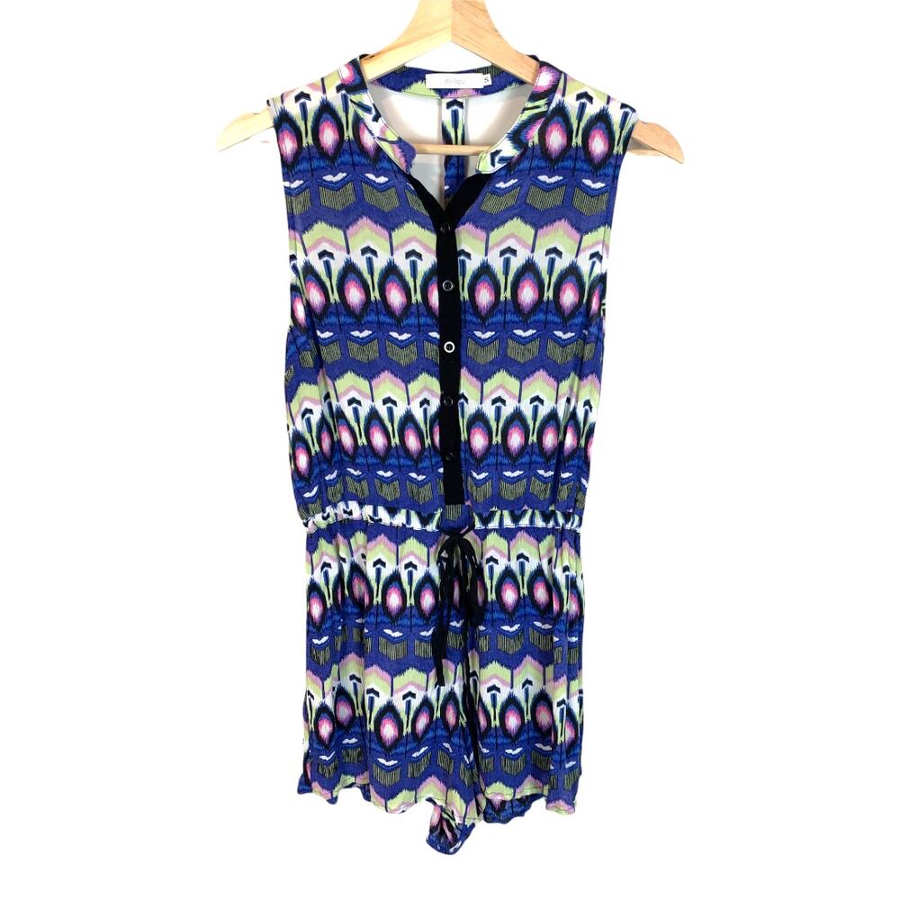 Millau Romper Blue Pink Ikat Button Front Cutout Back Drawstring Tie Waist S.
